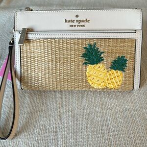 Kate Spade Pineapple Embroidered Straw & Leather Wallet Wristlet